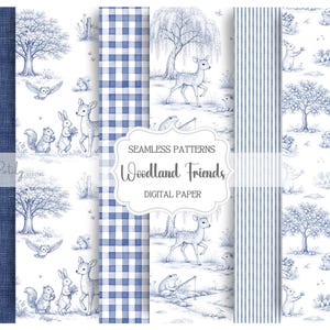 May include: A collection of digital papers featuring seamless patterns in blue and white. Designs include a linen texture, a blue and white gingham check, vertical stripes, and woodland scenes with deer, rabbits, squirrels, and owls.