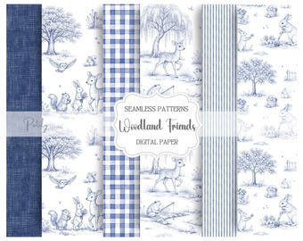 Blue Toile Seamless Nursery Pattern Bundle, Woodland Digital Paper Pack, Deer Rabbit Fabric & Wallpaper Designs