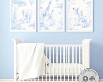 Chinoiserie Toile De Jouy Safari Poster, Nursery Wall art, Printable Elephant and Giraffe Wall Decor 90 x 150cm