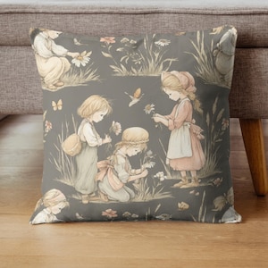 Seamless pattern in a vintage storybook toile style featuring girls picking pretty wildflowers. Soft ink and watercolor illustration in muted tones of sandy beige, pale blue, and warm grey.