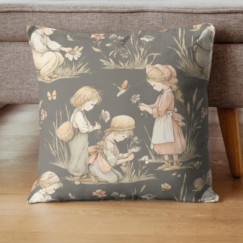 Seamless pattern in a vintage storybook toile style featuring girls picking pretty wildflowers. Soft ink and watercolor illustration in muted tones of sandy beige, pale blue, and warm grey.