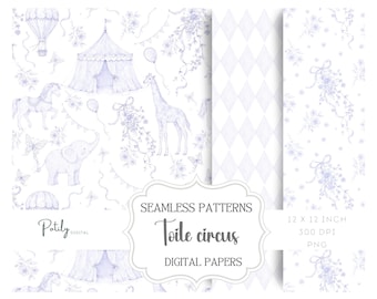 Toile Circus Seamless Pattern Pack, Blue Nursery Toile Digital Paper, Vintage Carnival Animals For Crafts, Fabric and Wallpaper