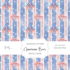 Americana bow stripe seamless pattern with red white and blue ribbon bows lace stripes and stars, vintage patriotic coquette digital paper for fabric wallpaper nursery decor