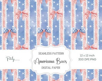 Patriotic Seamless Pattern – Americana Bow Stripe Coquette Digital Paper, Red White Blue Ribbon Repeat