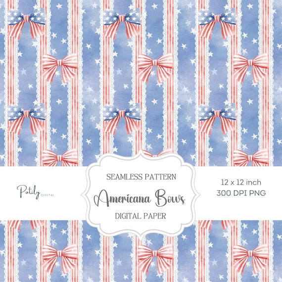 Patriotic Seamless Pattern – Americana Bow Stripe Coquette Digital Paper, Red White Blue Ribbon Repeat