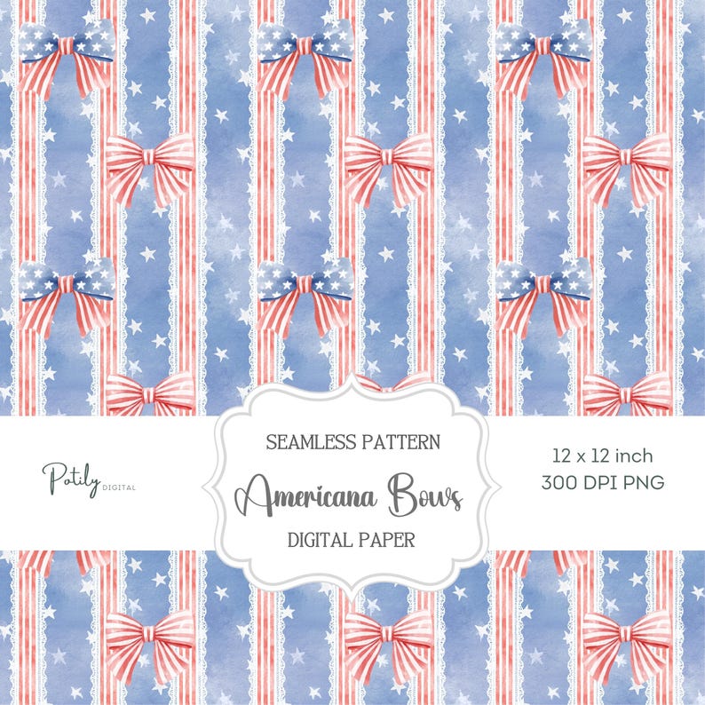 Americana bow stripe seamless pattern with red white and blue ribbon bows lace stripes and stars, vintage patriotic coquette digital paper for fabric wallpaper nursery decor