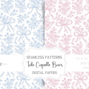 Può includere: Motivi digitali senza cuciture con bouquet floreali e fiocchi. Un motivo è azzurro su sfondo bianco, l'altro rosa. Il testo "Toile Coquette Bows" e "Digital Papers" è visibile. Dimensioni: 30 x 30 cm.