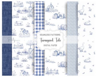 Blue Toile Seamless Pattern Bundle, Farmyard Nursery Digital Paper Pack, Fabric and Wallpaper, Tractor, Goose, Gingham & Stripe