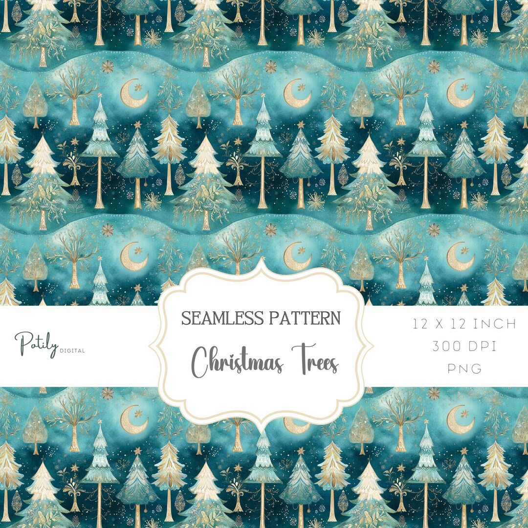 Christmas Seamless Repeating Pattern, Teal and Gold Christmas Trees ...