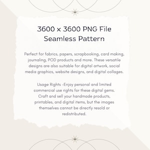 May include: A digital seamless pattern with a geometric design in black and white. The pattern is 3600 x 3600 pixels and is available as a PNG file. The text on the image reads: "3600 x 3600 PNG File Seamless Pattern Perfect for fabrics, papers, scrapbooking, card making, journaling, POD products and more. These versatile designs are also suitable for digital artwork, social media graphics, website designs, and digital collages. Usage Rights -Enjoy personal and limited commercial use rights for these digital gems. Craft and sell your handmade products, printables, and digital items, but the images themselves cannot be directly resold or redistributed."