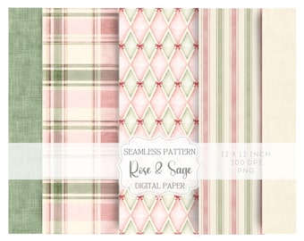 Rose and Sage Seamless Pattern Bundle – Vintage Tartan Plaid, Harlequin, Stripes & Linen