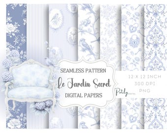 French Country Digital Paper Pack, Grandmillennial Digital Paper Pack, Blau-Weiß-Toile de Jouy, Chateaucore-Hintergründe