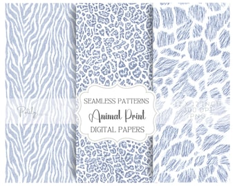 Blue Animal Print Seamless Patterns, Giraffe Zebra Leopard Safari Patterns, Nursery Digital Paper, Fabric & Scrapbook Download