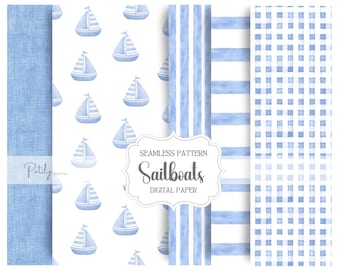 Blue Sailboat Seamless Patterns, Baby Boy Nursery Digital Paper Bundle, Watercolor Nautical Coastal Stripes, Printable Scrapbook Paper