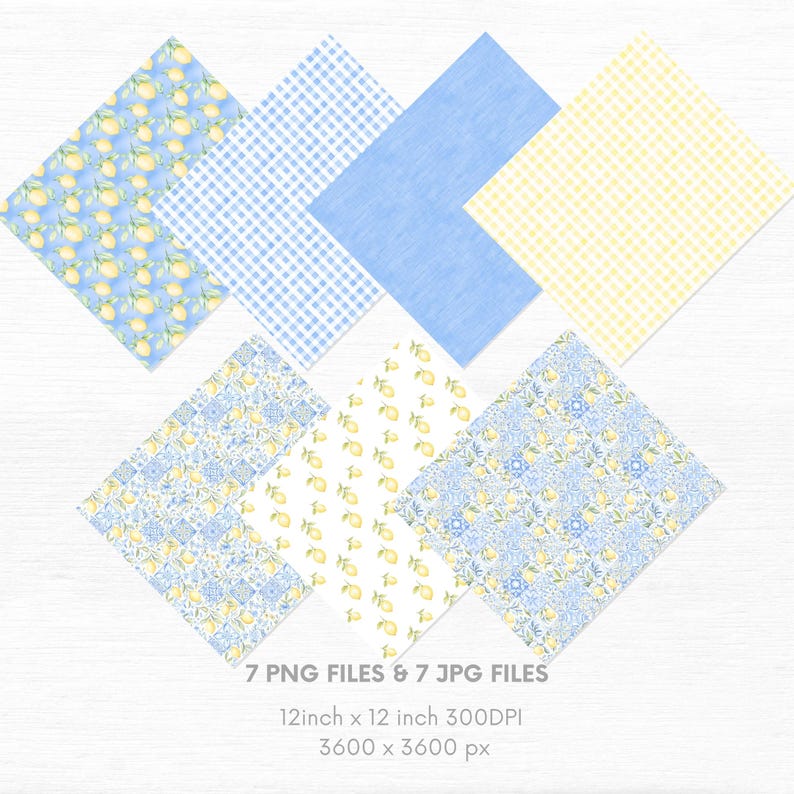 Pastel watercolor seamless pattern featuring Sicilian lemons, Amalfi Coast–inspired stripes, Santorini-style Mediterranean tiles, and delicate fruit motifs. Soft, airy colors with a hand-painted look evoke a romantic Mediterranean summer aesthetic