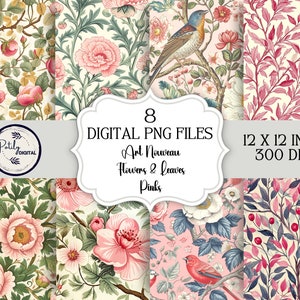 Può includere: Otto design di carta digitale in rosa, bianco e verde con motivi floreali, foglie e uccelli in stile Art Nouveau. Ogni design misura 30,5 cm per 30,5 cm e 300 DPI.