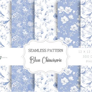 Pacchetto di modelli senza cuciture, sfondi floreali in stile chinoiserie Toile de Jouy, blu e bianco, download digitali per carta da scrapbooking, tessuti e altro ancora