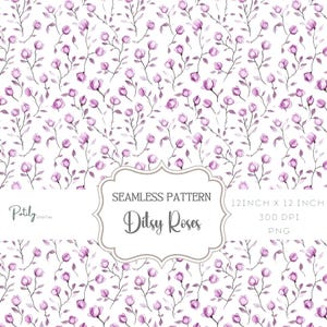 May include: A seamless pattern of pink roses in a watercolour style on a white backdrop. The design includes the text "Seamless Pattern Ditsy Roses" and dimensions of 30.48 cm by 30.48 cm.