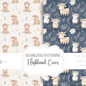 May include: Two seamless patterns featuring watercolor illustrations of Highland cows. The patterns are on a white background with blue flowers and a blue background with white flowers. The text "Seamless Patterns Highland Cows" is in a white banner.