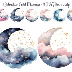 Aquarell Mondlandschaft, Kinderzimmer, neues Baby Clipart, sofortiger Download für Papiermodelle und Einladungen