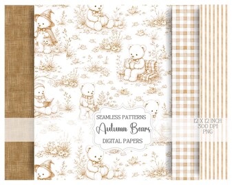 Autumn Teddy Bear Digital Paper Pack, Vintage Fall Seamless Patterns, Scrapbook Paper  for Junk Journal, Card Making and Fabric Designs