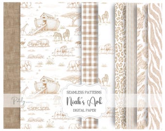Beige Toile Seamless Nursery Pattern Bundle,  Noah's Ark Animals Digital Paper Pack, Baby Shower Scrapbook Paper, Fabric & Wallpaper Designs