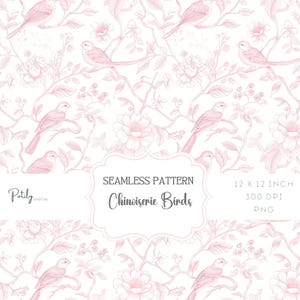 May include: A seamless pattern featuring pink chinoiserie birds and floral designs on a white background. The pattern is 12 x 12 inches and 300 DPI.