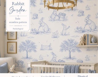 Rabbit Toile Seamless Pattern, Garden Animals Digital Paper, Storybook Nursery Pattern for Fabric and Wallpaper