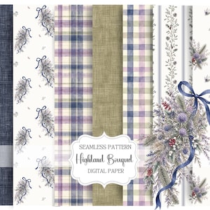 Highland Christmas Digital Paper Pack, Scottish Tartan Seamless Pattern, Winter Botanical, Thistle Wallpaper, Winter Wedding Background PNG
