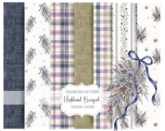 Highland Christmas Digital Paper Pack, Scottish Tartan Seamless Pattern, Winter Botanical, Thistle Wallpaper, Winter Wedding Background PNG