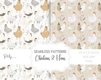 Puede incluir: Dos patrones sin costuras con pollos y gallinas en un esquema de color blanco y beige. Los patrones son de 12 pulgadas por 12 pulgadas y 300 DPI.