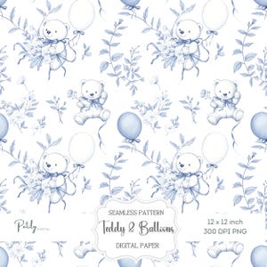 Teddy Bear Seamless Pattern, Blue Toile Nursery Digital Paper, Baby Shower Pattern, Fabric & Wallpaper Background