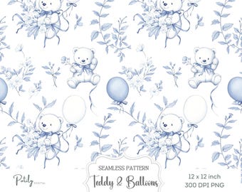 Teddy Bear Seamless Pattern, Blue Toile Nursery Digital Paper, Baby Shower Pattern, Fabric & Wallpaper Background