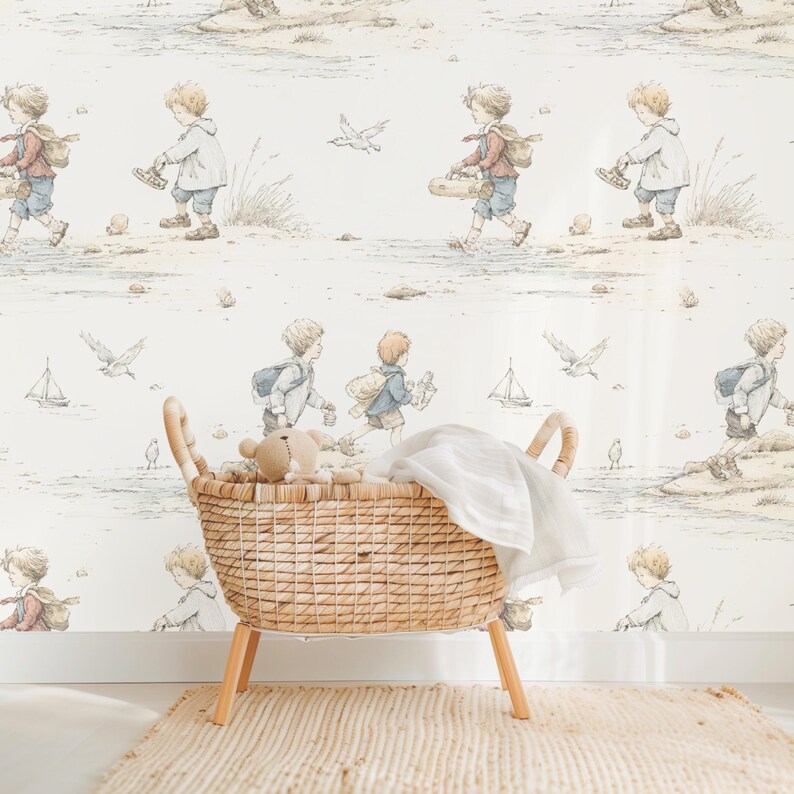 Seamless pattern in a vintage storybook toile style featuring children playing at the beach, paddling in shallow waves. Soft ink and watercolor illustration in muted tones of sandy beige, pale blue, and warm grey.