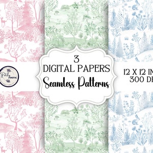 Chinoiserie toile de jouy digitaal papier - naadloos patroonpapier met wilde bloemen, stoffen en meer - png-bestanden direct downloaden.