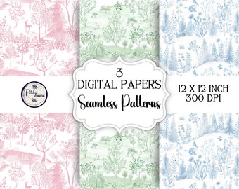 Chinoiserie Toile de Jouy Digital Paper - Seamless woodland wildflower Pattern Paper, Fabrics and more - Instant Download png files.