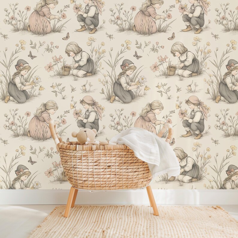 Seamless pattern in a vintage storybook toile style featuring girls picking pretty wildflowers. Soft ink and watercolor illustration in muted tones of sandy beige, pale blue, and warm grey.