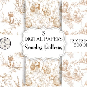 Toile de Jouy Digital Paper - Seamless Pattern, Dogs, Clipart for Paper, Fabrics and more - Instant Download png files.