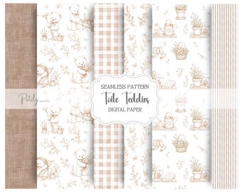 Beige Toile Seamless Pattern Bundle, Teddy Bear Nursery Digital Paper, Storybook , Baby Shower Fabric, Instant Download