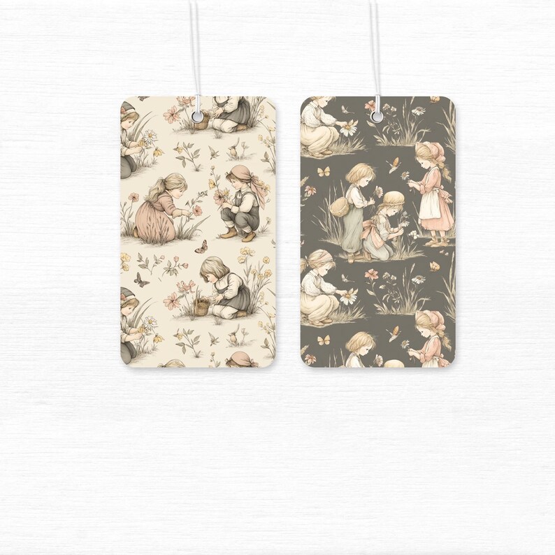 Seamless pattern in a vintage storybook toile style featuring girls picking pretty wildflowers. Soft ink and watercolor illustration in muted tones of sandy beige, pale blue, and warm grey.