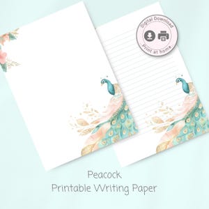 Carta da lettere stampabile, carta da lettere, pavone acquerello, carta a righe, carta per appunti download digitale
