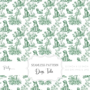 Chinoiserie Toile de Jouy, Seamless Nursery Background, Dogs, Instant Digital Download, clipart for papers, fabrics, POD and more, png