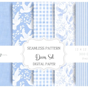 May include: A selection of digital paper designs in blue and white. The patterns feature solid textures, dove illustrations, gingham checks, and vertical stripes. The image text reads "Seamless Pattern Doves Set Digital Paper 12 x 12 inch 300 DPI PNG."