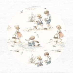 Seamless pattern in a vintage storybook toile style featuring children playing at the beach, paddling in shallow waves. Soft ink and watercolor illustration in muted tones of sandy beige, pale blue, and warm grey.