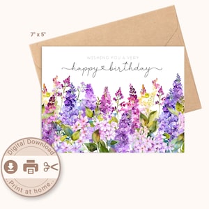 Cartão de feliz aniversário para impressão, lilases roxos aquarela, download digital, impressão em casa, cartão DIY