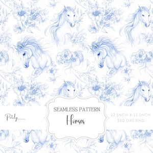 May include: Seamless pattern featuring blue horses and flowers. The pattern is 12 inches by 12 inches and 300 DPI. The text "Seamless Pattern Horses" is in the center of the image.