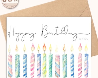 Printable Happy Birthday card, watercolour candles design, digital download, print at home, DIY card