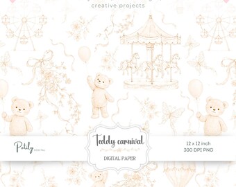 Toile Nursery Seamless Pattern, Teddy Carnival Digital Paper, Carousel Teddy Bear Print, Baby Shower Wallpaper Fabric Design