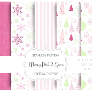 May include: A selection of digital papers featuring festive pink and green patterns. Designs include snowflakes, stripes, Christmas trees, and baubles. The text reads "Merry Pink & Green Digital Papers". Each paper is 30.48 x 30.48 cm.