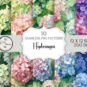 May include: 10 seamless digital paper patterns featuring watercolor hydrangeas in various shades of blue, pink, and green. Each pattern is 12 x 12 inches and 300 DPI.